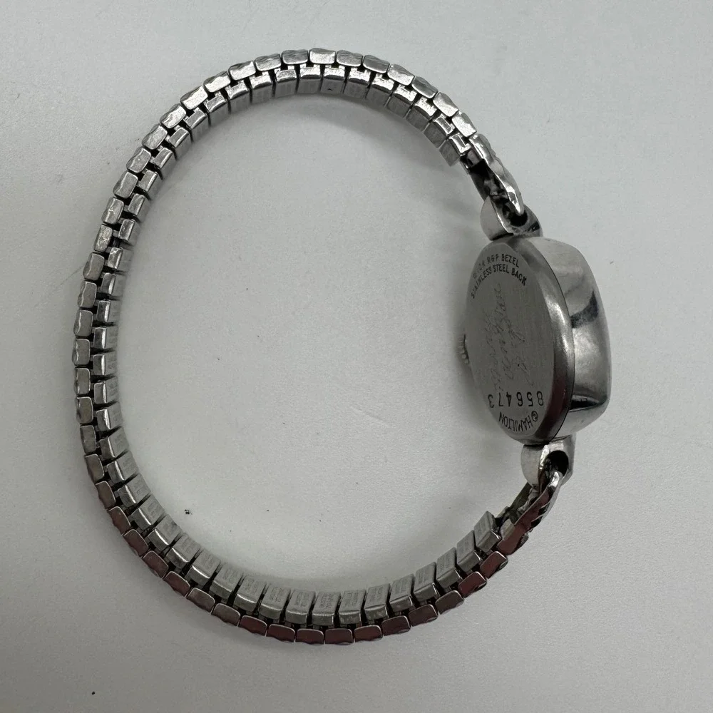 Hamilton Vintage Womens Cocktail Watch 10K RGP Bezel Silver Tone Oval Working